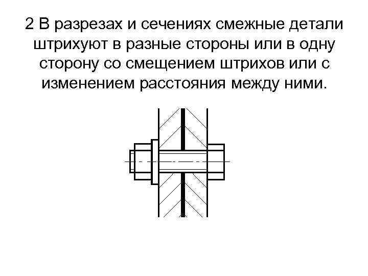 2 В разрезах и сечениях смежные детали штрихуют в разные стороны или в одну