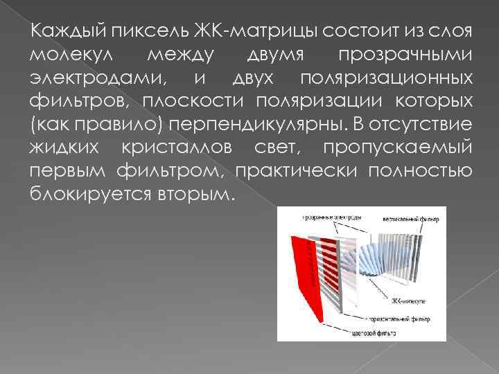 Каждый пиксель ЖК-матрицы состоит из слоя молекул между двумя прозрачными электродами, и двух поляризационных