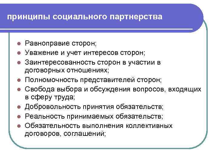 принципы социального партнерства l l l l Равноправие сторон; Уважение и учет интересов сторон;