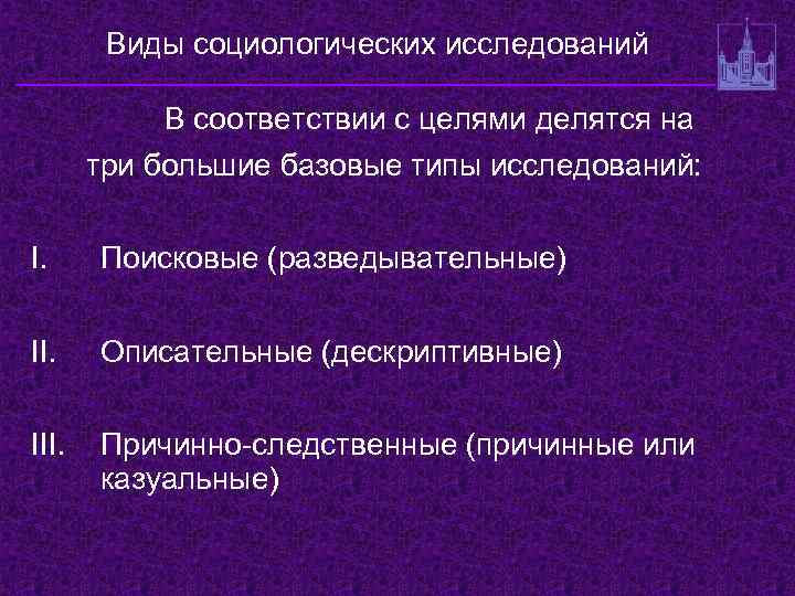 Виды социологических исследований В соответствии с целями делятся на три большие базовые типы исследований: