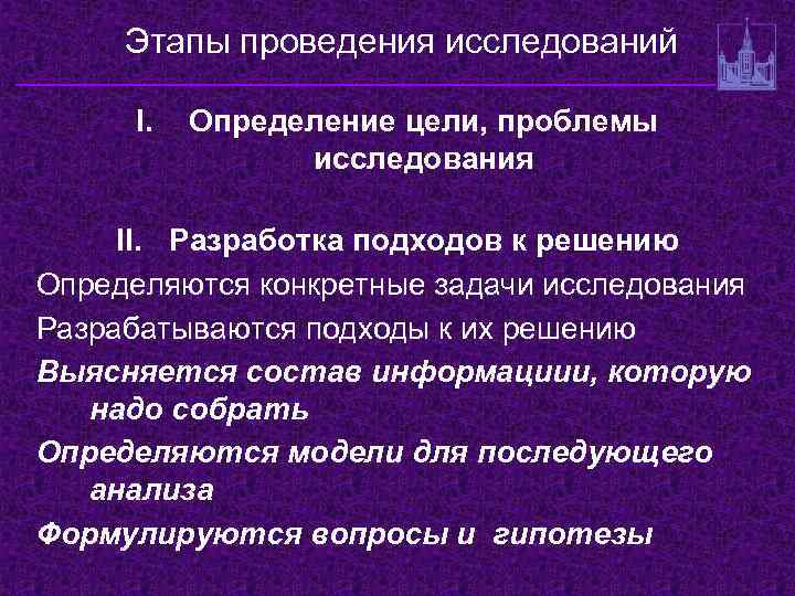 Этапы проведения исследований I. Определение цели, проблемы исследования II. Разработка подходов к решению Определяются