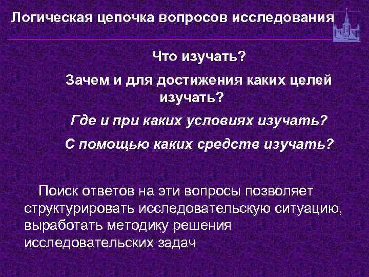 Логическая цепочка вопросов исследования Что изучать? Зачем и для достижения каких целей изучать? Где
