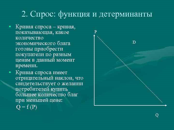 2. Спрос: функция и детерминанты • Кривая спроса – кривая, показывающая, какое количество экономического