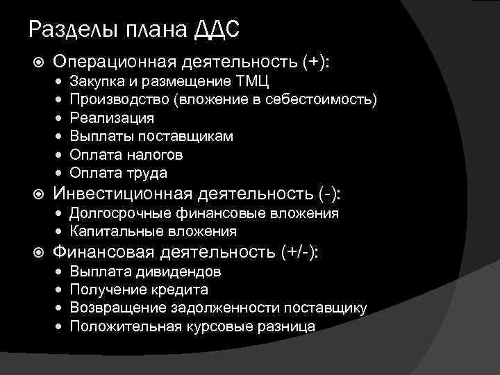 Разделы плана ДДС Операционная деятельность (+): Закупка и размещение ТМЦ Производство (вложение в себестоимость)