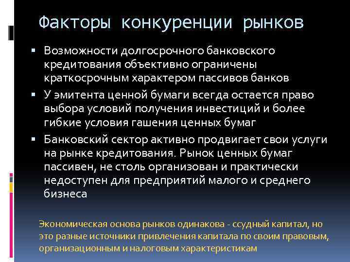 Факторы конкуренции рынков Возможности долгосрочного банковского кредитования объективно ограничены краткосрочным характером пассивов банков У