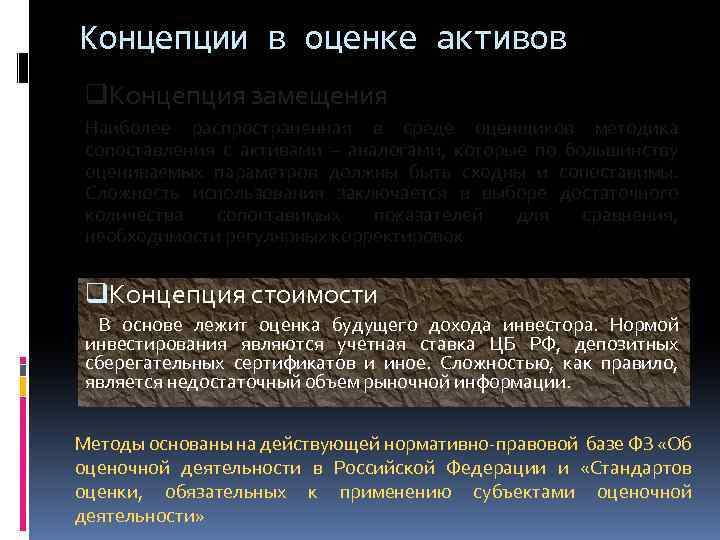 Концепции в оценке активов q. Концепция замещения Наиболее распространенная в среде оценщиков методика сопоставления