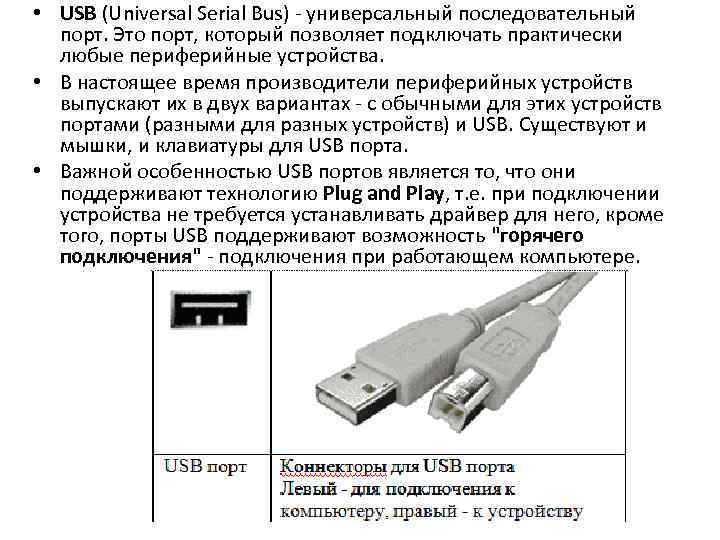  • USB (Universal Serial Bus) - универсальный последовательный порт. Это порт, который позволяет