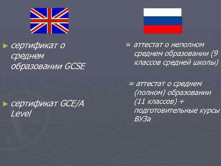 ► сертификат о среднем образовании GCSE ► сертификат Level GCE/A = аттестат о неполном