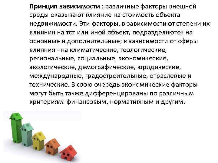 Принцип зависимости : различные факторы внешней среды оказывают влияние на стоимость объекта недвижимости. Эти