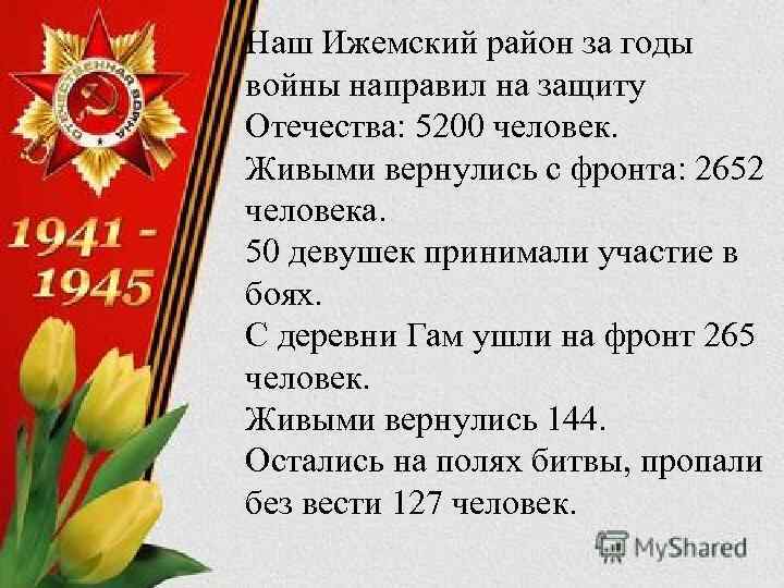 Наш Ижемский район за годы войны направил на защиту Отечества: 5200 человек. Живыми вернулись