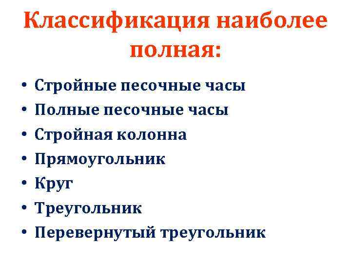 Классификация наиболее полная: • • Стройные песочные часы Полные песочные часы Стройная колонна Прямоугольник