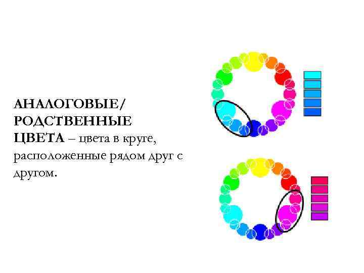 АНАЛОГОВЫЕ/ РОДСТВЕННЫЕ ЦВЕТА – цвета в круге, расположенные рядом друг с другом. 