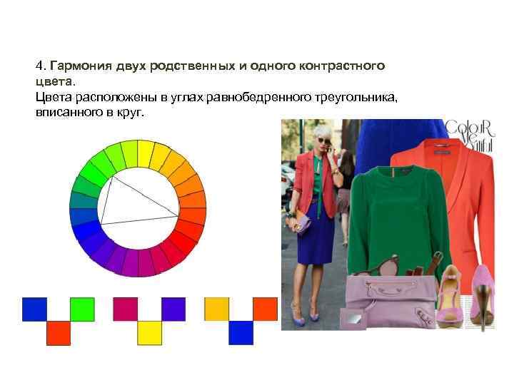 4. Гармония двух родственных и одного контрастного цвета. Цвета расположены в углах равнобедренного треугольника,