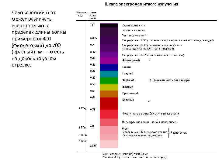 Человеческий глаз может различать спектр только в пределах длины волны примерно от 400 (фиолетовый)