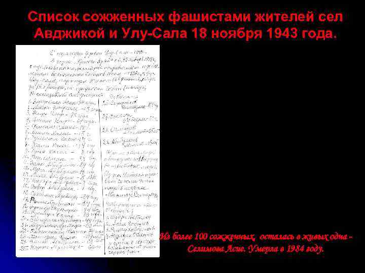 Список сожженных фашистами жителей сел Авджикой и Улу-Сала 18 ноября 1943 года. Из более