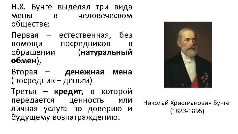 Н. Х. Бунге выделял три вида мены в человеческом обществе: Первая – естественная, без