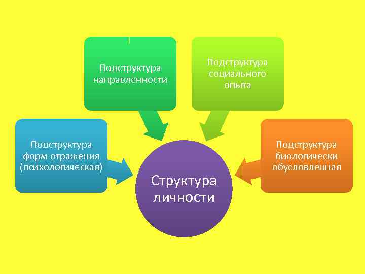 Подструктура направленности Подструктура форм отражения (психологическая) Подструктура социального опыта Структура личности Подструктура биологически обусловленная