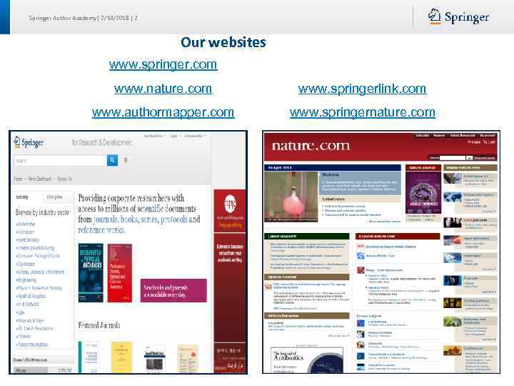 Springer Author Academy| 2/14/2018 | 2 Our websites www. springer. com www. nature. com