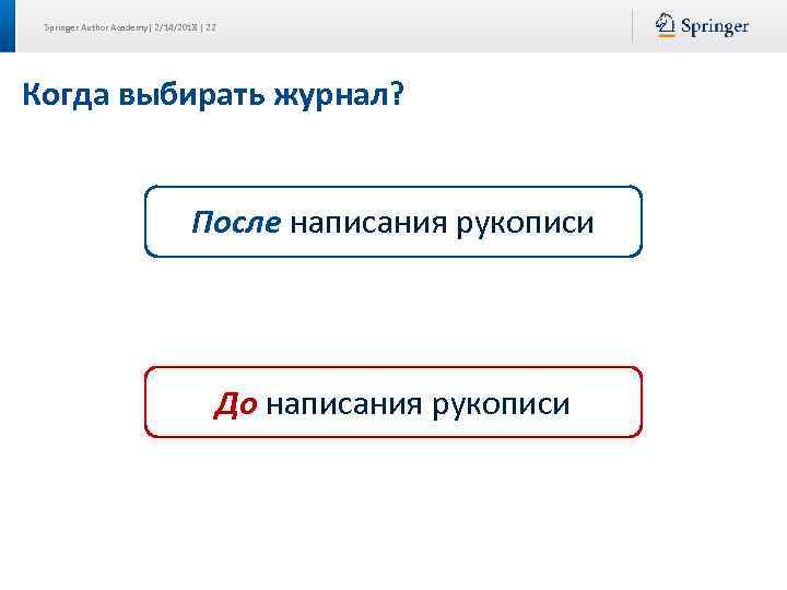 Springer Author Academy| 2/14/2018 | 22 Когда выбирать журнал? После написания рукописи До написания