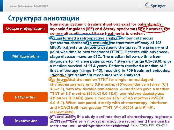 Springer Author Academy| 2/14/2018 | 83 Структура аннотации Общая информация Методы/цели Результаты Заключение Numerous