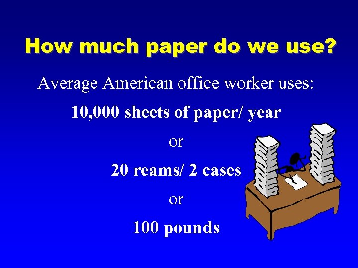 How much paper do we use? Average American office worker uses: 10, 000 sheets