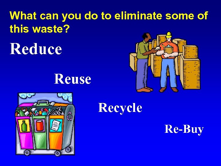 What can you do to eliminate some of this waste? Reduce Reuse Recycle Re-Buy