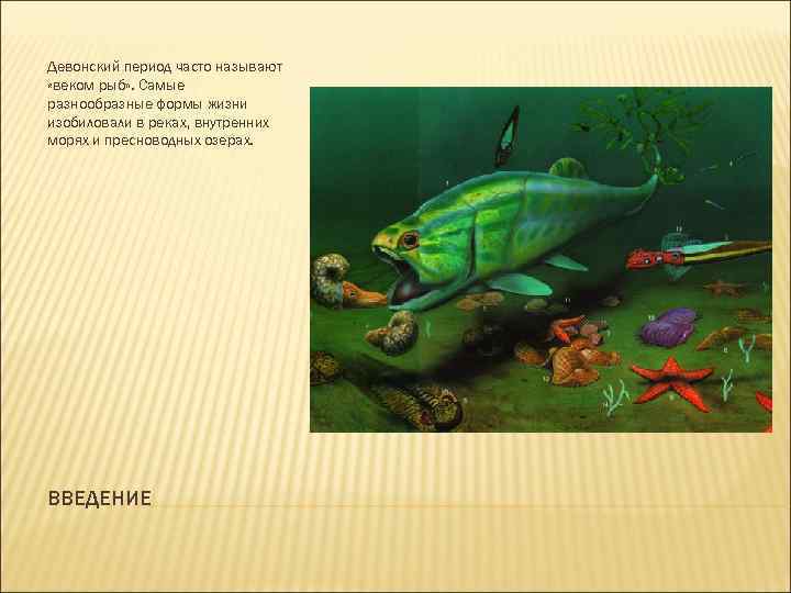 Девонский период часто называют «веком рыб» . Самые разнообразные формы жизни изобиловали в реках,