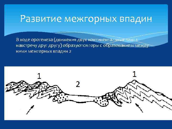 Развитие межгорных впадин В ходе орогенеза (движения двух континентальных плит 1 навстречу другу) образуются
