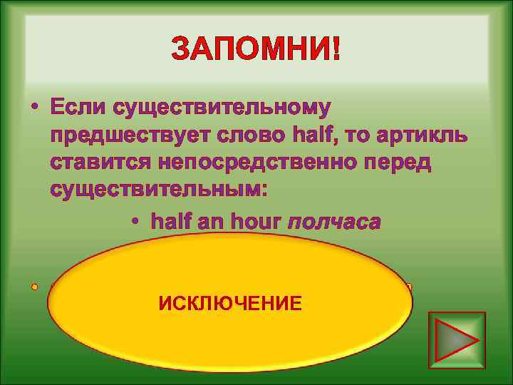 ЗАПОМНИ! • Если существительному предшествует слово half, то артикль ставится непосредственно перед существительным: •