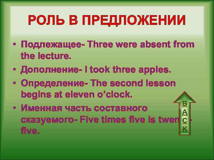 РОЛЬ В ПРЕДЛОЖЕНИИ • Подлежащее- Three were absent from the leсture. • Дополнение- I