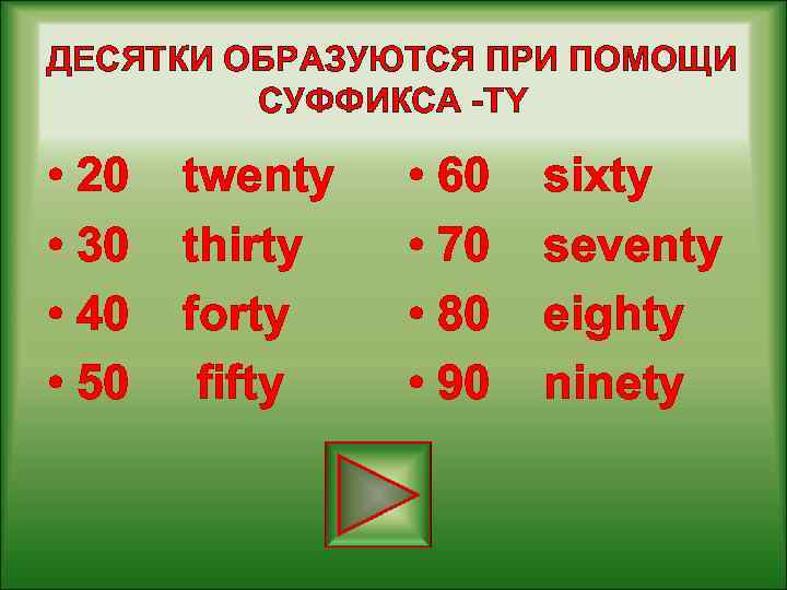 Английский язык номер 40. Числительные десятки на английском языке. Образование десятков в английском языке. Делятки по английскому языку. Цифры на английском десятки.