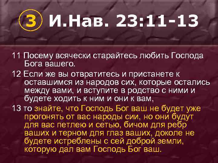 3 И. Нав. 23: 11 -13 11 Посему всячески старайтесь любить Господа Бога вашего.