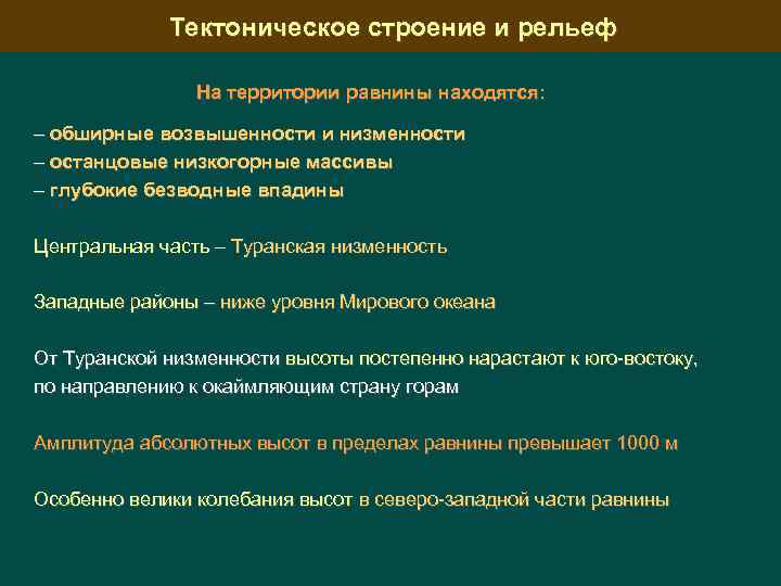 Тектоническое строение и рельеф На территории равнины находятся: – обширные возвышенности и низменности –