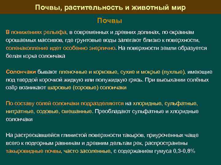 Почвы, растительность и животный мир Почвы В понижениях рельефа, в современных и древних долинах,