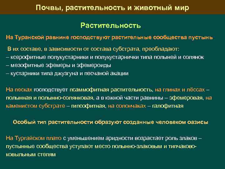 Почвы, растительность и животный мир Растительность На Туранской равнине господствуют растительные сообщества пустынь В