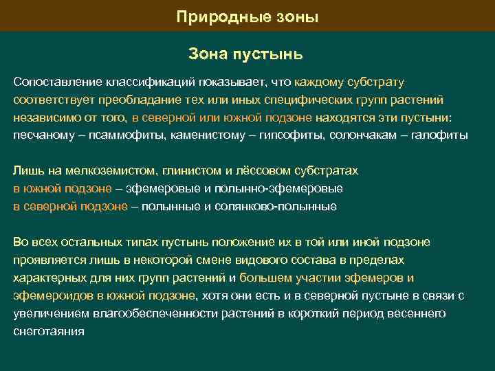 Природные зоны Зона пустынь Сопоставление классификаций показывает, что каждому субстрату соответствует преобладание тех или