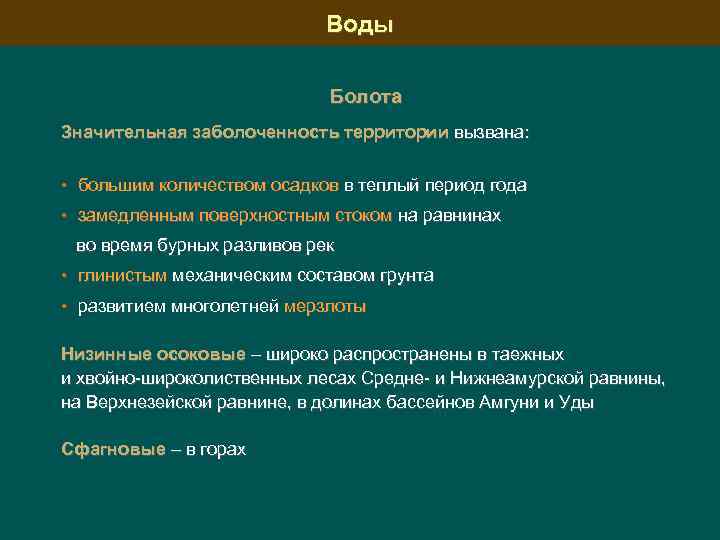 Воды Болота Значительная заболоченность территории вызвана: • большим количеством осадков в теплый период года