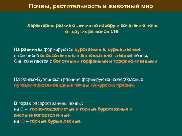 Почвы, растительность и животный мир Характерны резкие отличия по набору и сочетанию почв от