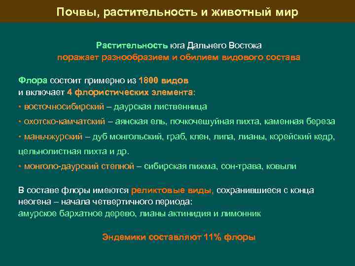 Почвы, растительность и животный мир Растительность юга Дальнего Востока поражает разнообразием и обилием видового