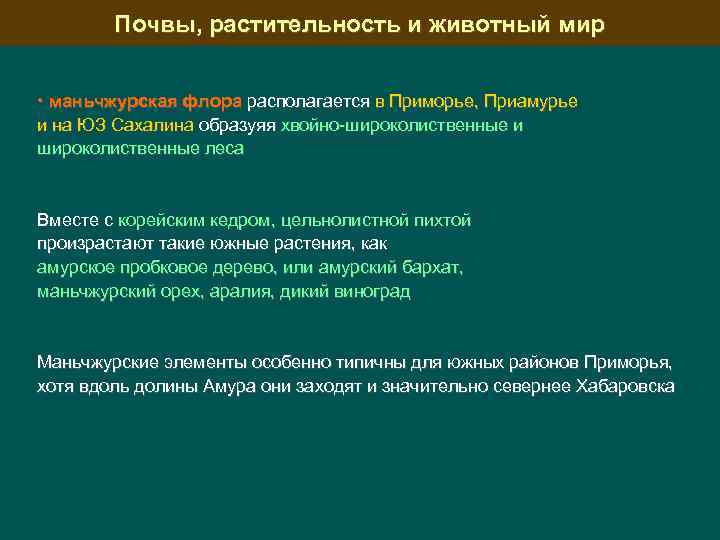 Почвы, растительность и животный мир • маньчжурская флора располагается в Приморье, Приамурье и на