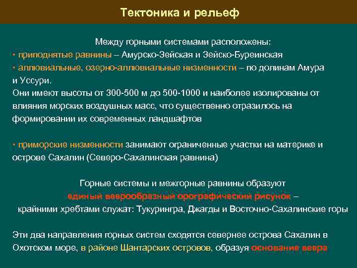 Тектоника и рельеф Между горными системами расположены: • приподнятые равнины – Амурско-Зейская и Зейско-Буреинская