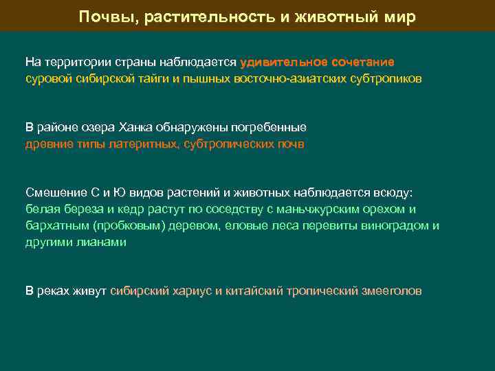 Почвы, растительность и животный мир На территории страны наблюдается удивительное сочетание суровой сибирской тайги