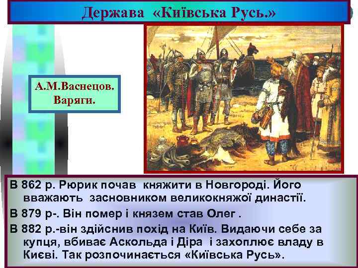 Держава «Київська Русь. » Меню А. М. Васнецов. Варяги. В 862 р. Рюрик почав