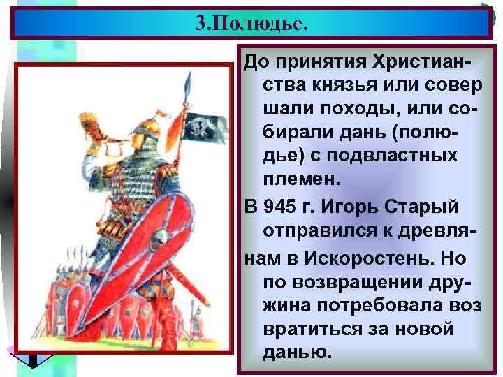 3. Полюдье. Меню До принятия Христианства князья или совер шали походы, или собирали дань