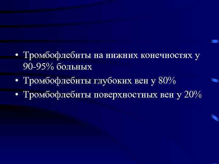  • Тромбофлебиты на нижних конечностях у 90 -95% больных • Тромбофлебиты глубоких вен