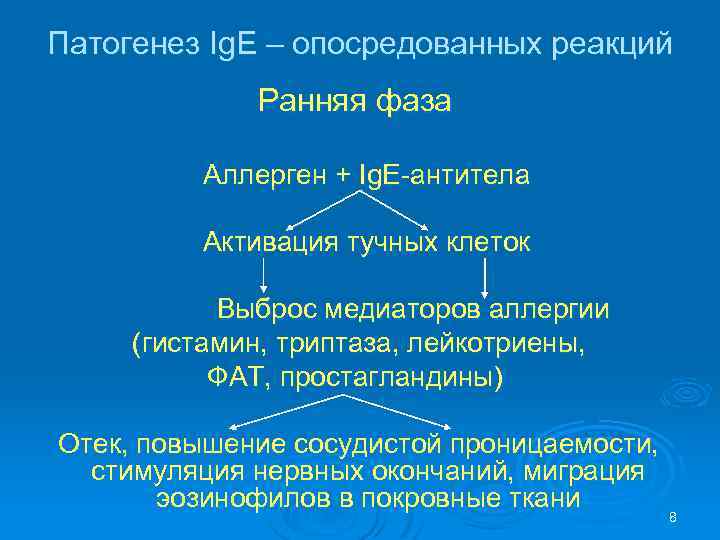 Патогенез Ig. Е – опосредованных реакций Ранняя фаза Аллерген + Ig. Е-антитела Активация тучных