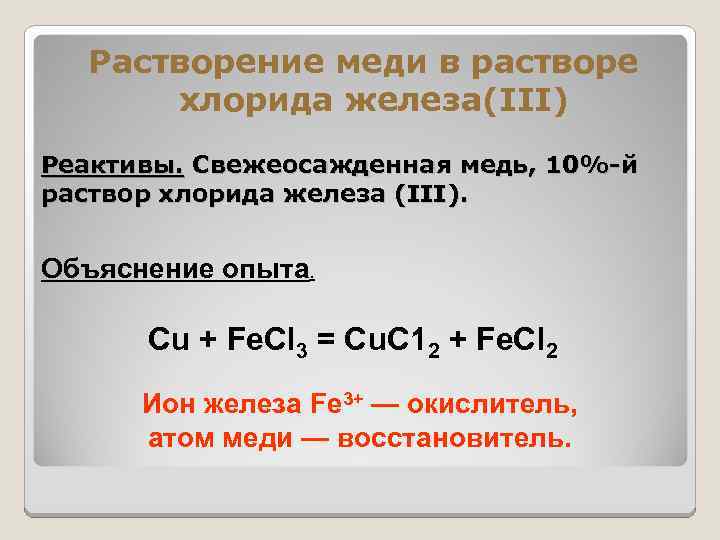 Растворение меди в растворе хлорида железа(III) Реактивы. Свежеосажденная медь, 10%-й раствор хлорида железа (III).