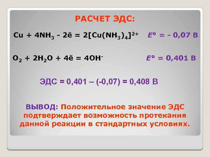 РАСЧЕТ ЭДС: Cu + 4 NH 3 - 2ē = 2[Cu(NH 3)4]2+ Е° =