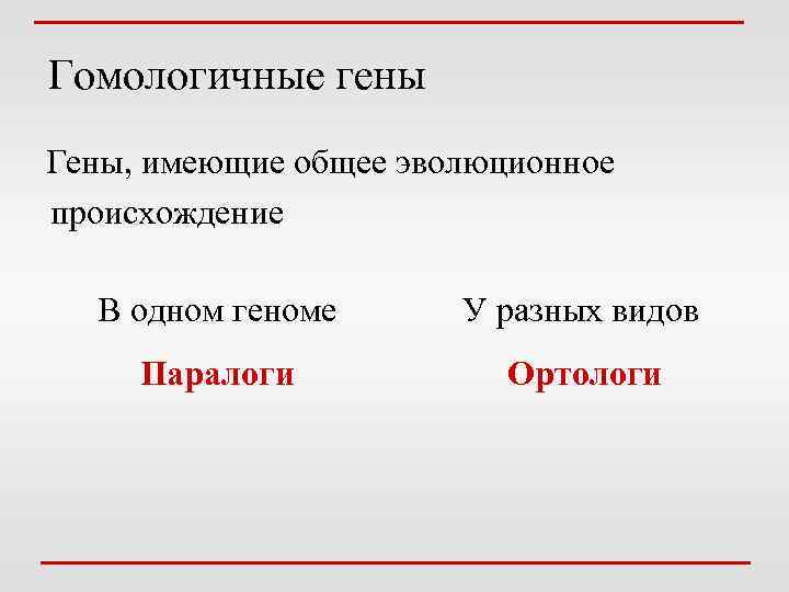 Гомологичные гены Гены, имеющие общее эволюционное происхождение В одном геноме У разных видов Паралоги