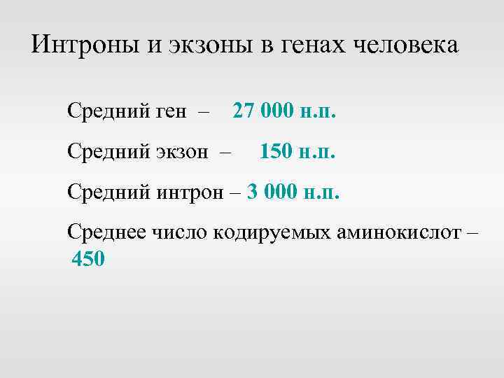 Интроны и экзоны в генах человека Средний ген – Средний экзон – 27 000